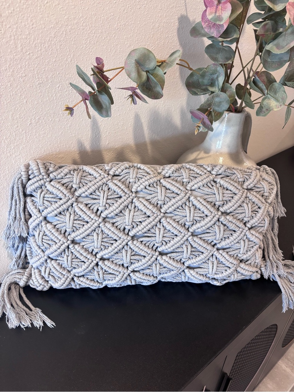 Handmade BOHO Macramé Lumbar Pillow Cover & Pillow in Light Gray BUNDLE